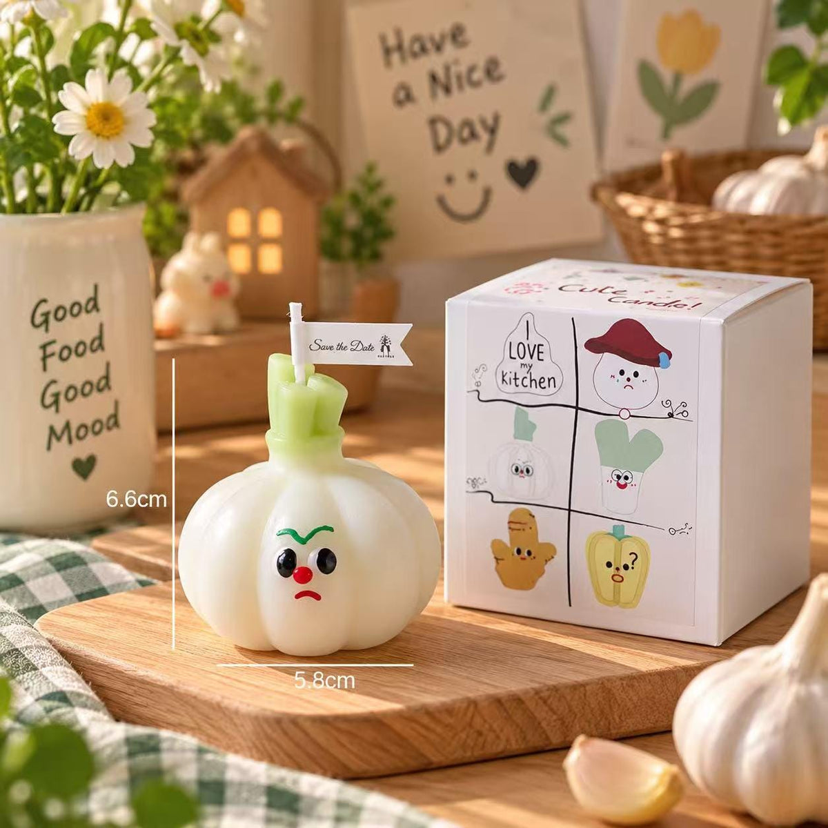 Additional product view of the cute vegetable candle set.