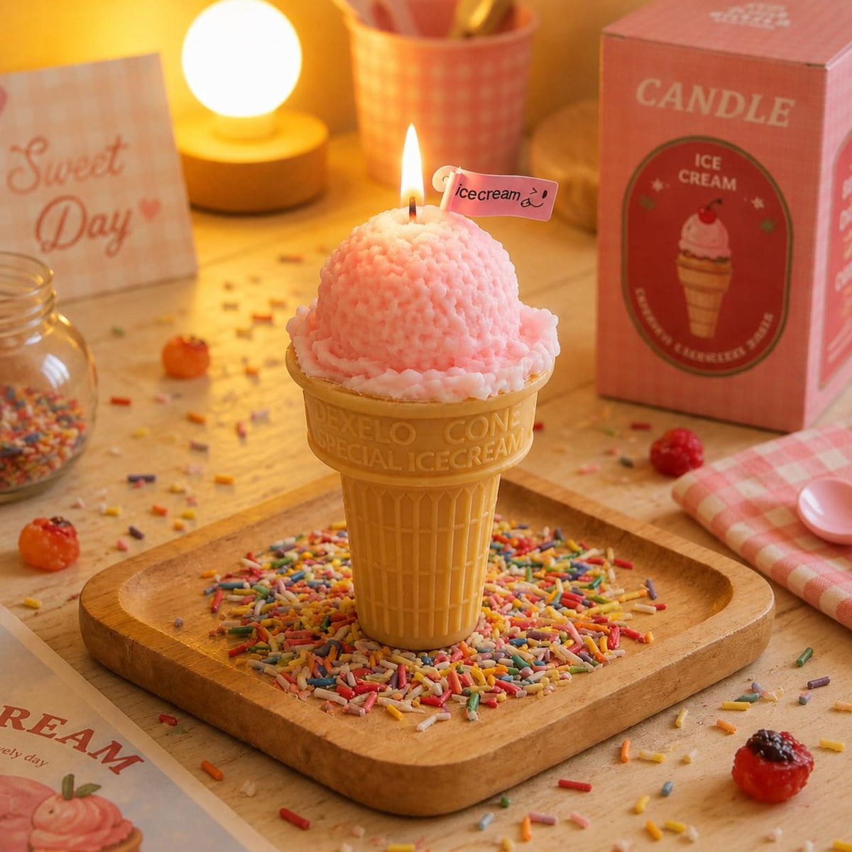 Alternate view of the ice cream cone candle.