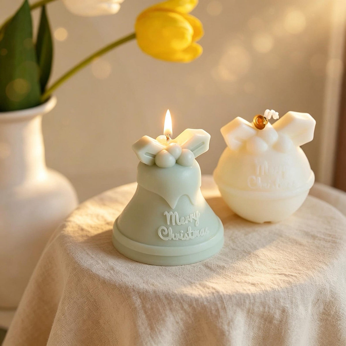 Alternate view of the christmas bell & bauble candle.