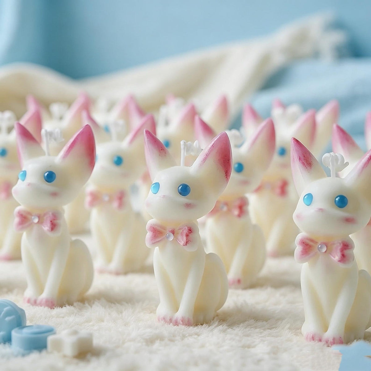 Alternate view of the cat candle with pink bow.