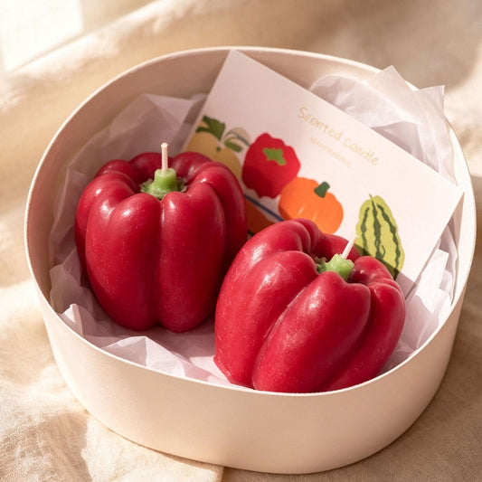 Alternate view of the red bell pepper candle.
