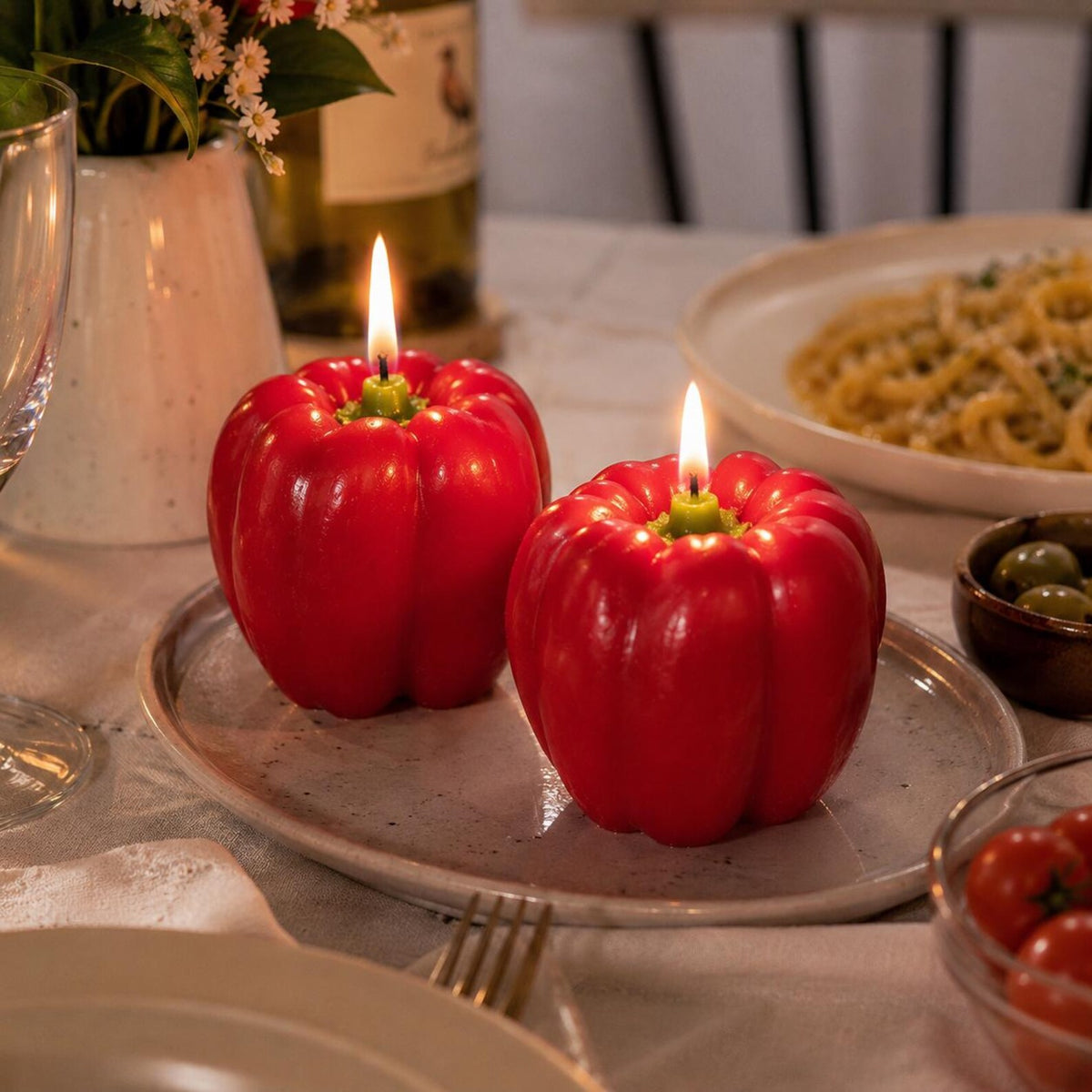 Alternate view of the red bell pepper candle.