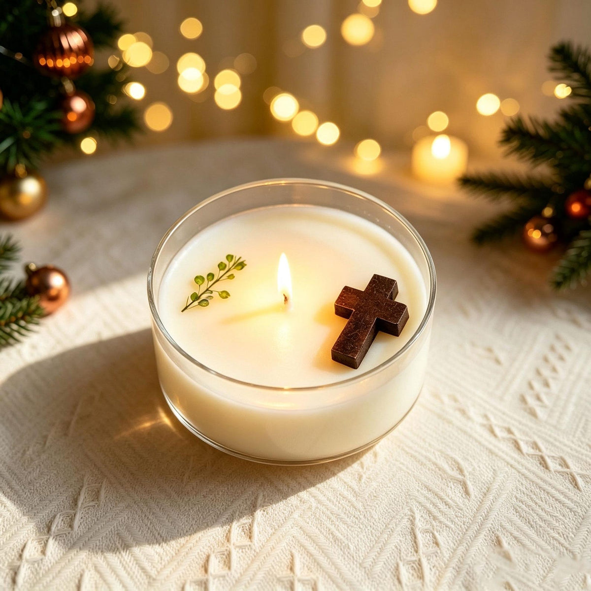 Alternate view of the christian cross candle set.