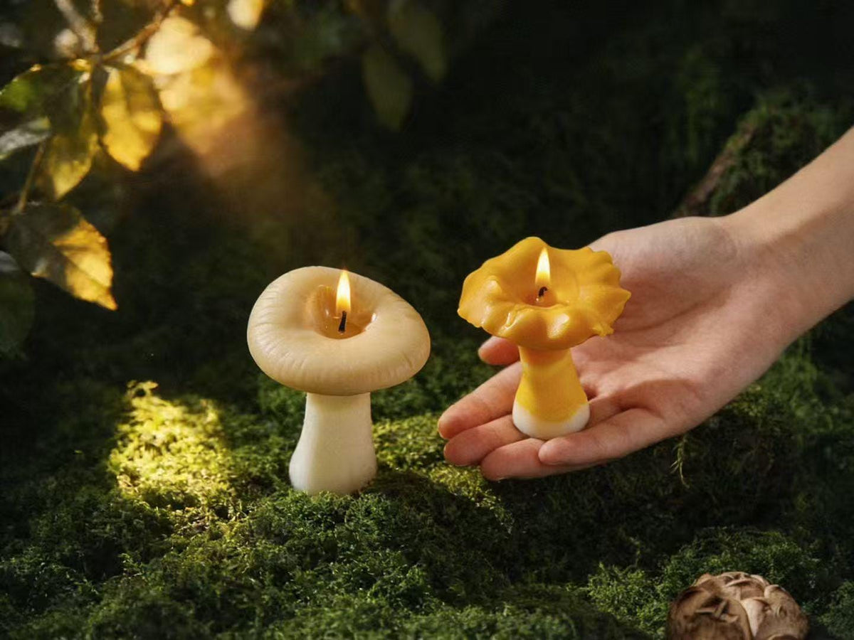 Additional view of the mushroom beeswax candle.