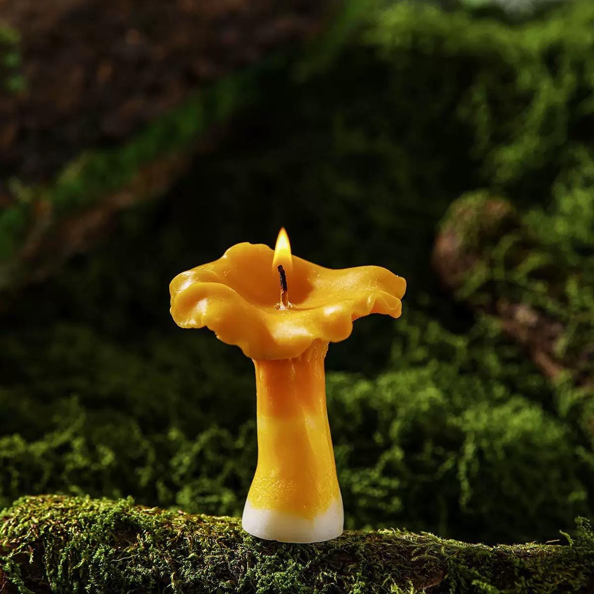 The mushroom beeswax candle shown from another angle.