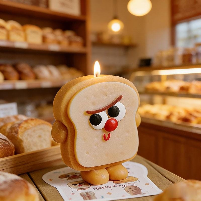 Detail view of the toast & croissant candle set.