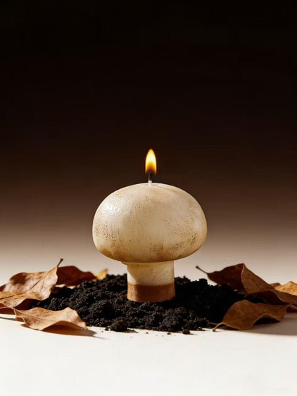 Close-up view of the mushroom beeswax candle.
