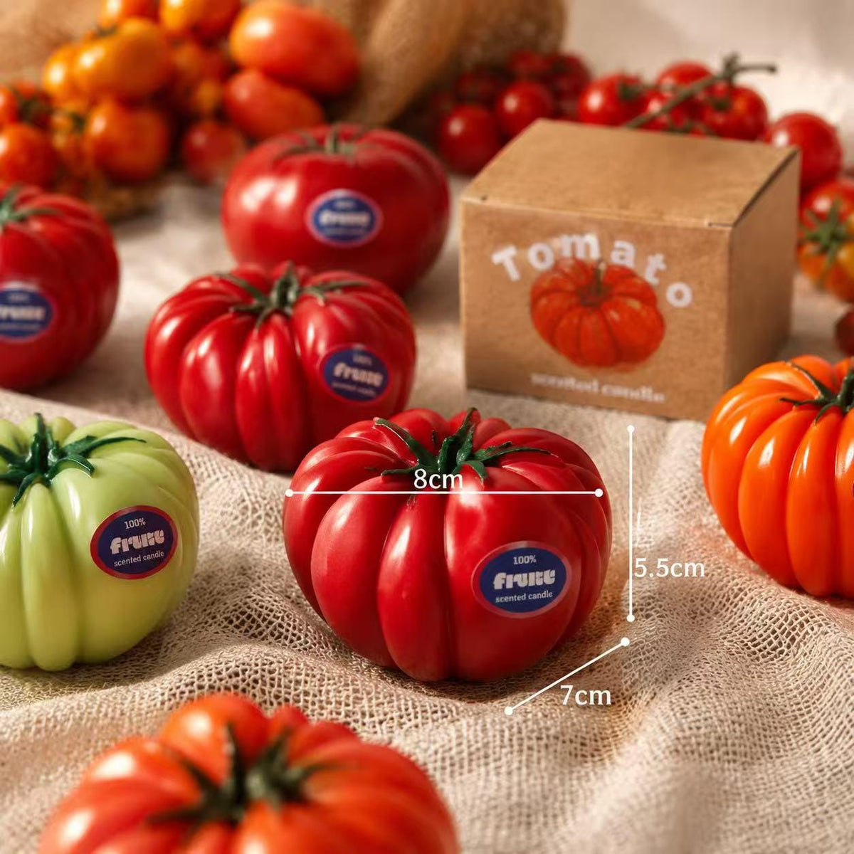 Close-up view of the tomato candle.