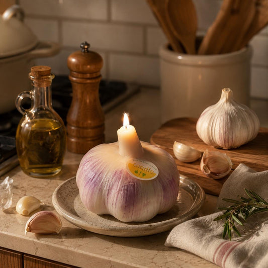Handmade Garlic Candle - Garden Fresh Summer Decor, Realistic Vegetable Candle, Luxury Kitchen Accent, Handmade Soy Wax Candle,  Foodie Gift
