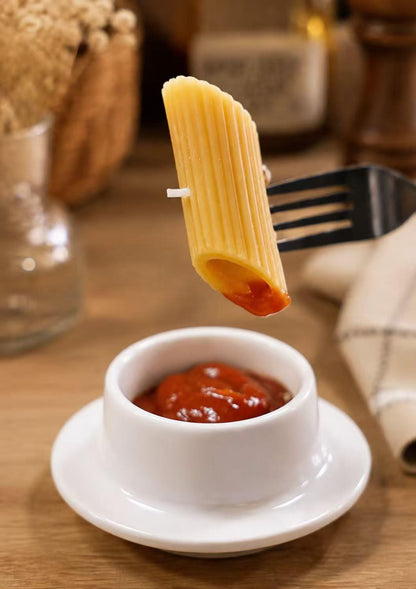 Closer view of the pasta candle gift set.