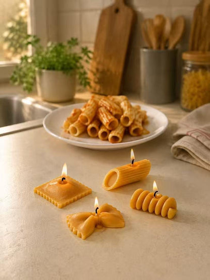 Detail view of the pasta candle gift set.