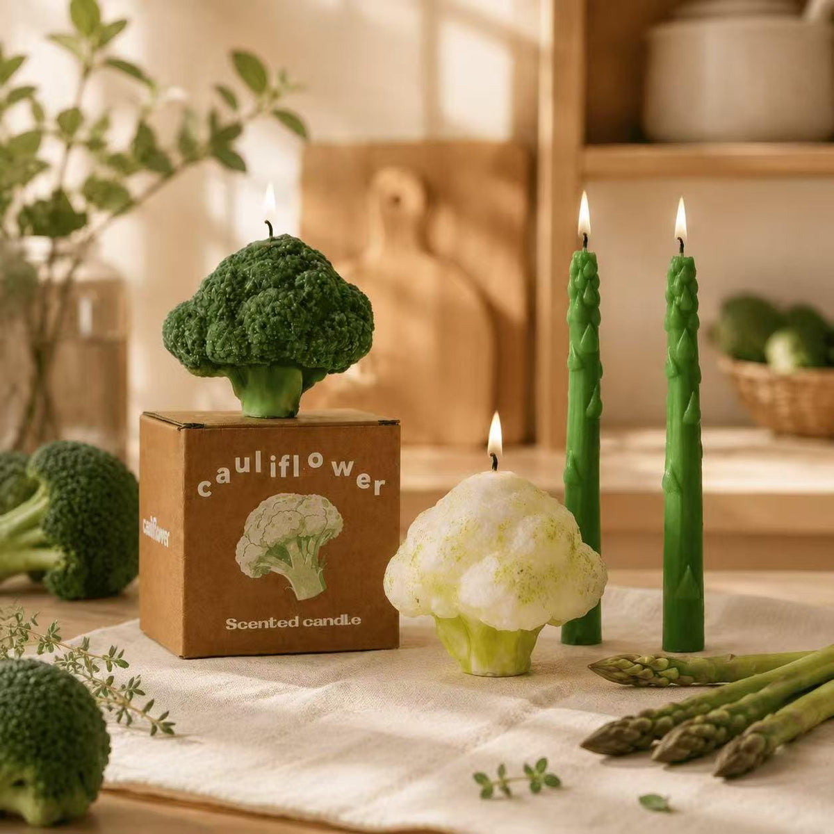 Detail view of the broccoli candle.