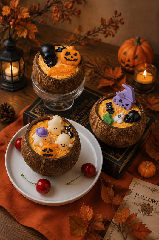 Halloween Coconut Bowl Candle, Ghost Candle, Halloween Decor, Spooky Home Decor, Handmade Soy Wax Candle, Fall Gift, Cute Halloween Decor