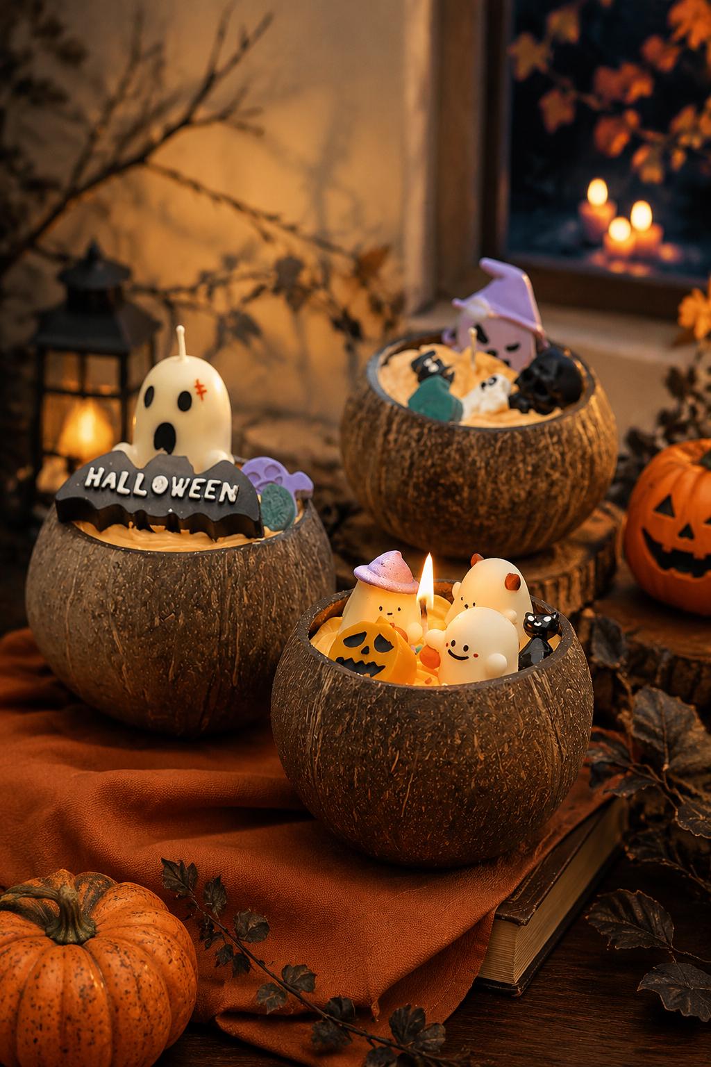 Halloween Coconut Bowl Candle, Ghost Candle, Halloween Decor, Spooky Home Decor, Handmade Soy Wax Candle, Fall Gift, Cute Halloween Decor