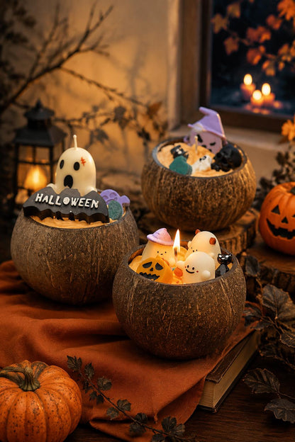 Halloween Coconut Bowl Candle, Ghost Candle, Halloween Decor, Spooky Home Decor, Handmade Soy Wax Candle, Fall Gift, Cute Halloween Decor