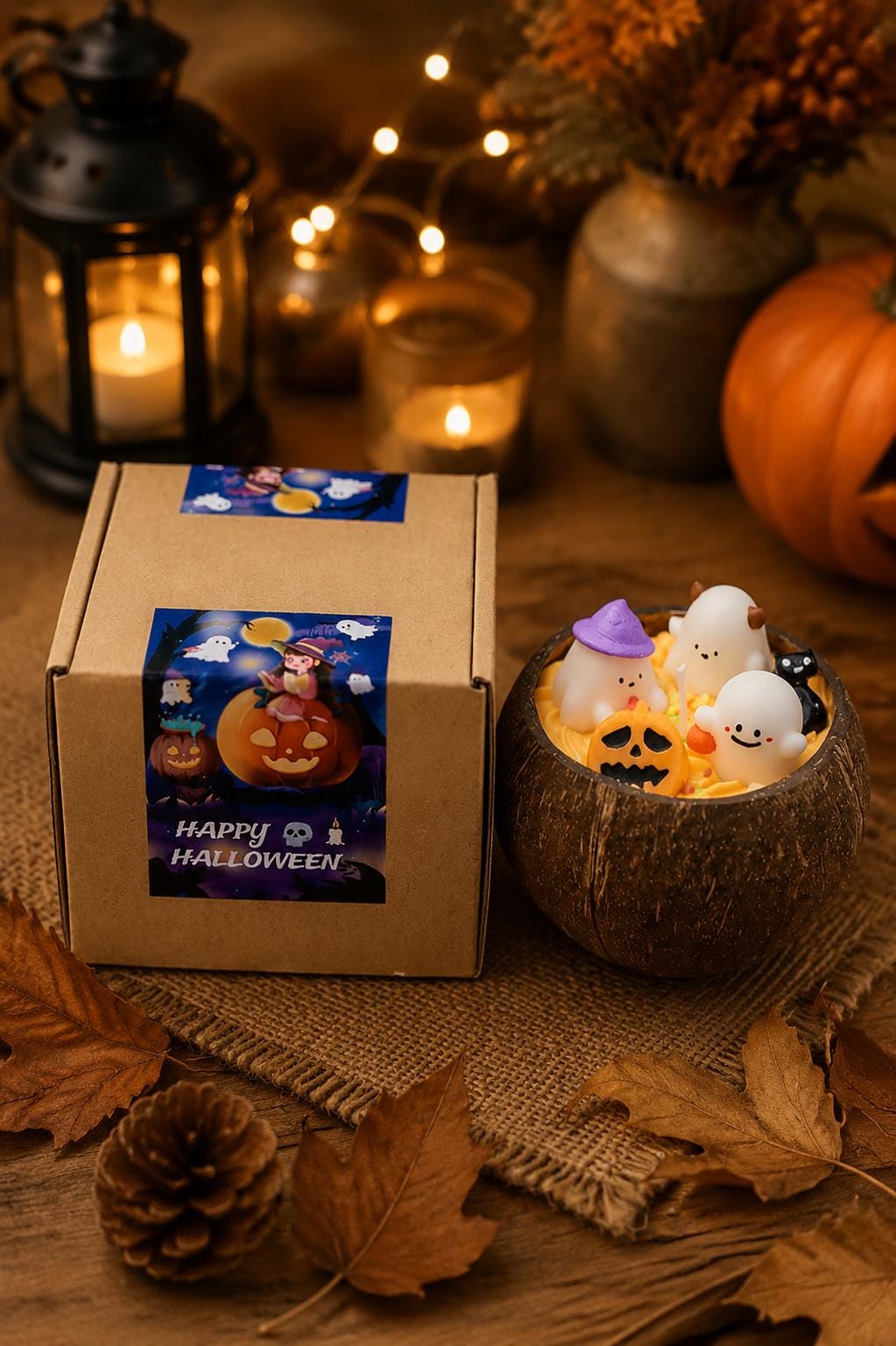 Halloween Coconut Bowl Candle, Ghost Candle, Halloween Decor, Spooky Home Decor, Handmade Soy Wax Candle, Fall Gift, Cute Halloween Decor