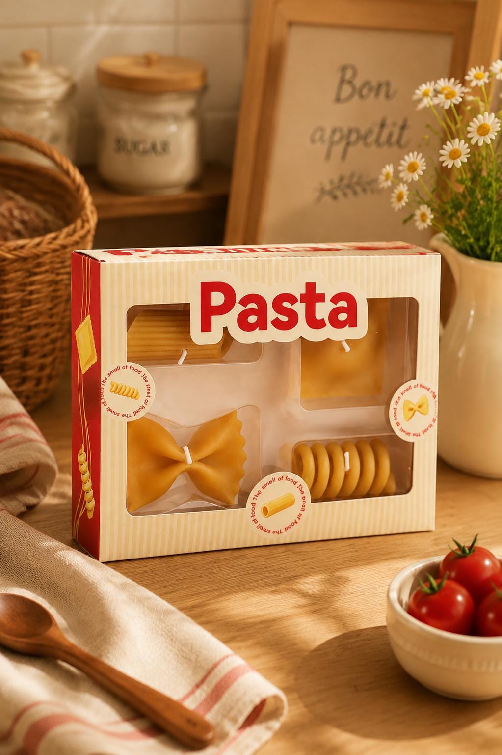 Another view of the pasta candle gift set.