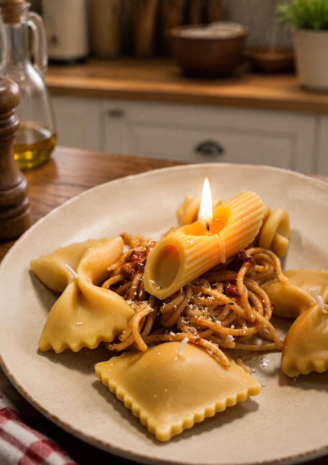 Close-up view of the pasta candle gift set.