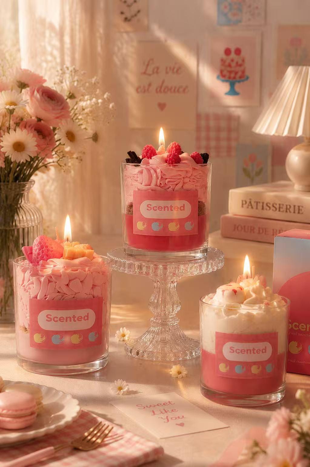 Close-up view of the whipped cream dessert candle.