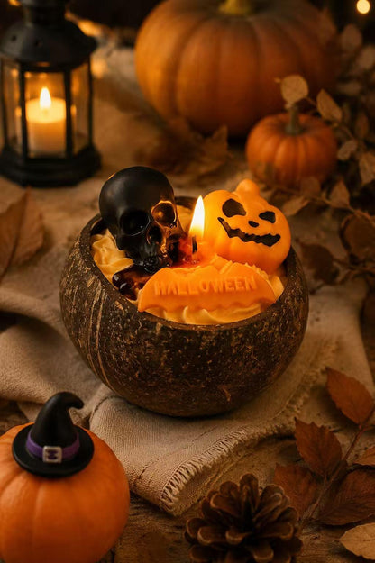Halloween Coconut Bowl Candle, Ghost Candle, Halloween Decor, Spooky Home Decor, Handmade Soy Wax Candle, Fall Gift, Cute Halloween Decor