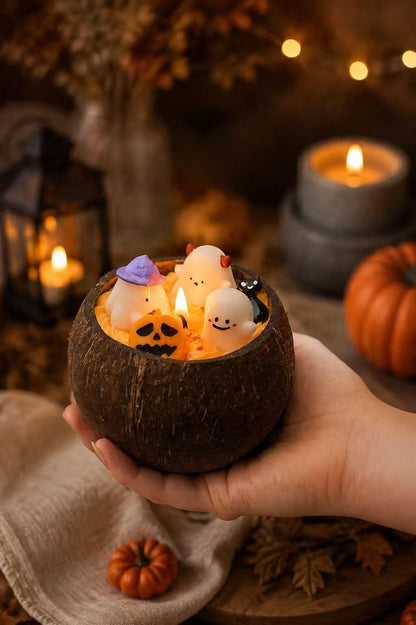 Halloween Coconut Bowl Candle, Ghost Candle, Halloween Decor, Spooky Home Decor, Handmade Soy Wax Candle, Fall Gift, Cute Halloween Decor