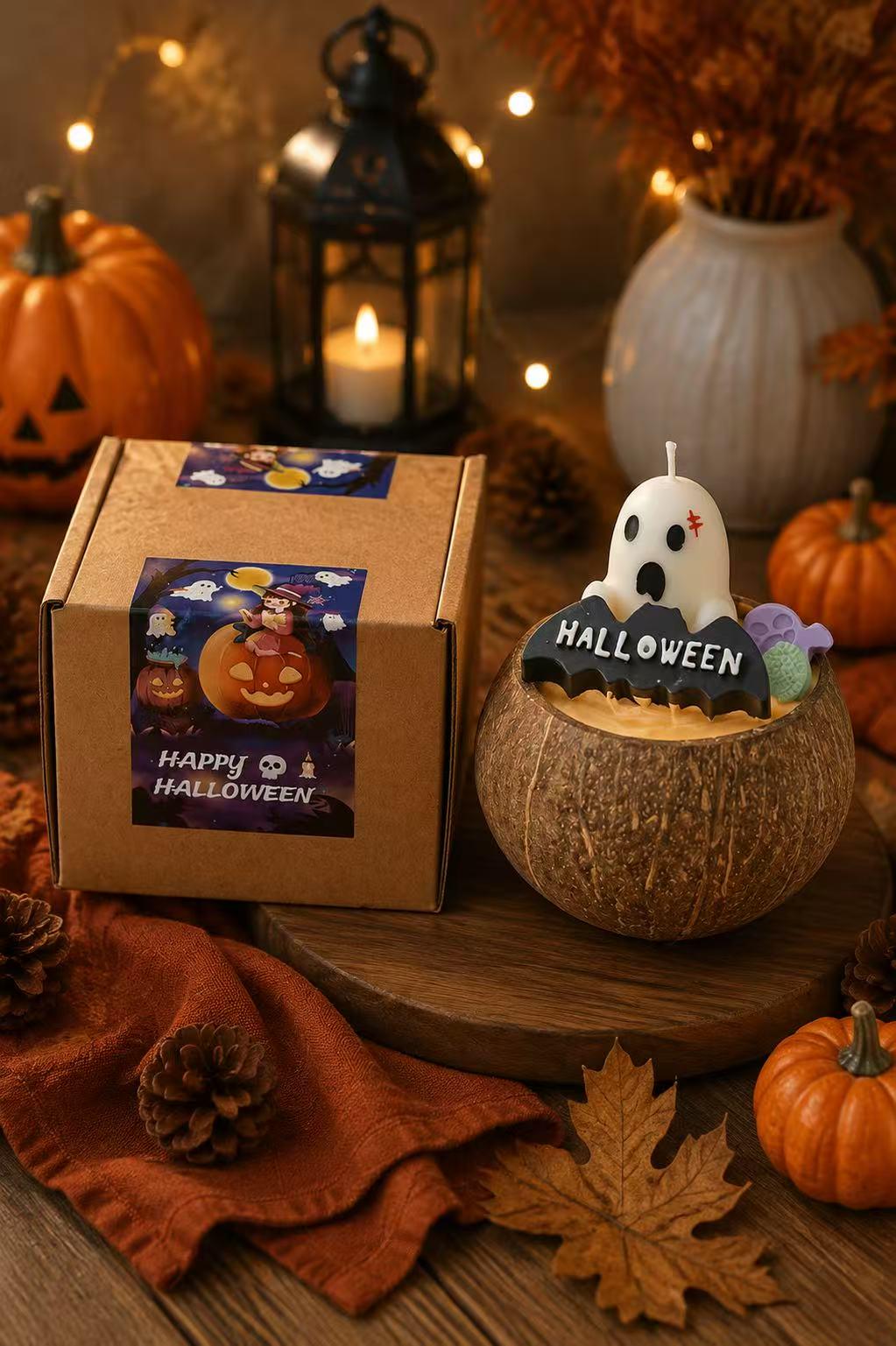 Halloween Coconut Bowl Candle, Ghost Candle, Halloween Decor, Spooky Home Decor, Handmade Soy Wax Candle, Fall Gift, Cute Halloween Decor