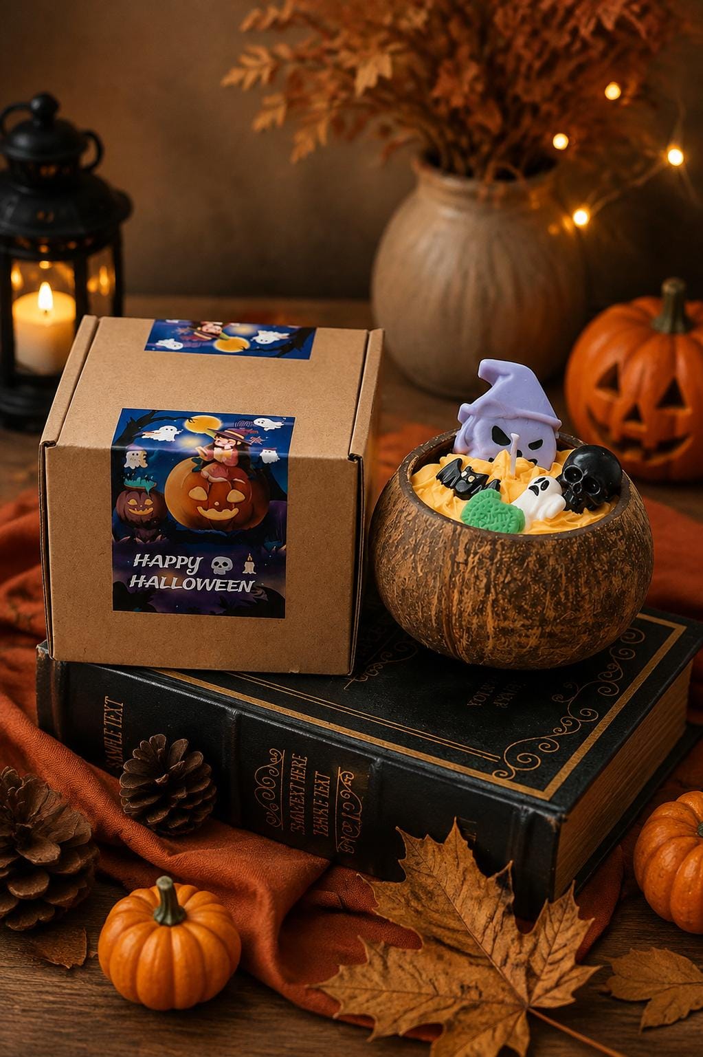 Halloween Coconut Bowl Candle, Ghost Candle, Halloween Decor, Spooky Home Decor, Handmade Soy Wax Candle, Fall Gift, Cute Halloween Decor
