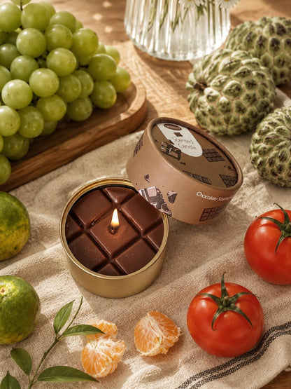 Closer view of the food can candle collection.