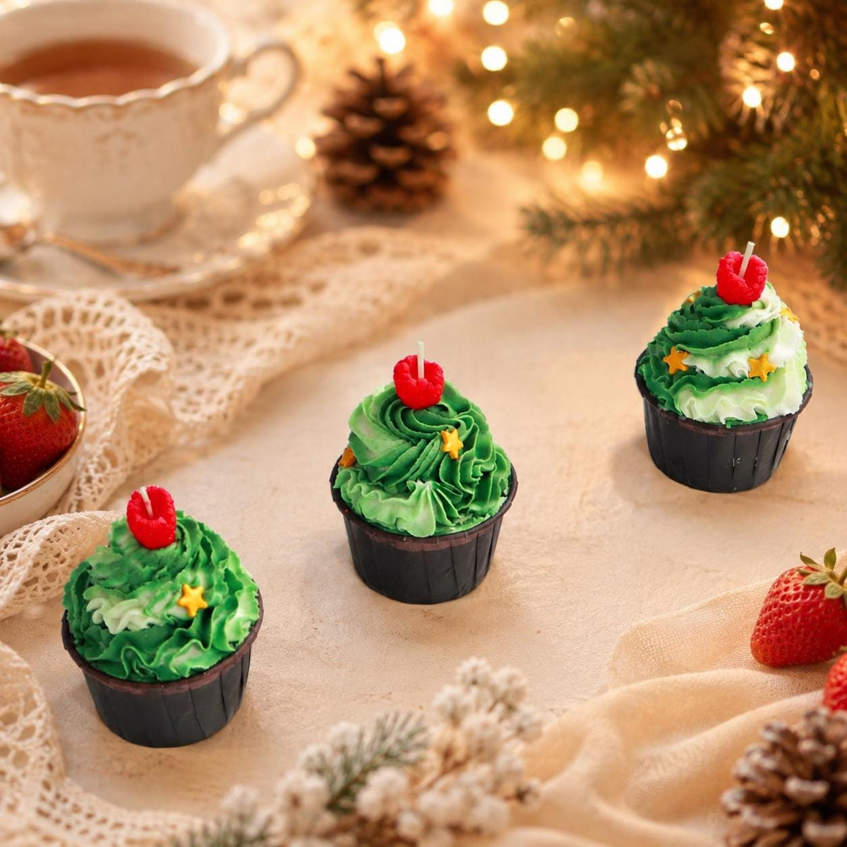 Handmade Christmas Cupcake Candle, Matcha Raspberry Candle, Holiday Dessert Candle,Fake Food Candle, Christmas Decor,Cute Foodie Gift,Kawaii