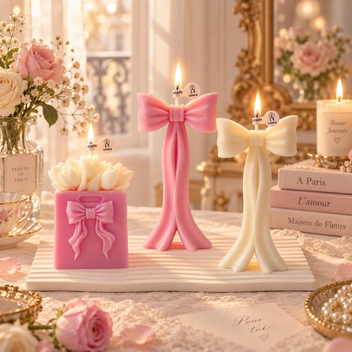 Coquette Bow Candle, Tulip Bouquet Candle, Coquette Candle, Pink Bow Candle, White Bow Candle, Floral Candle, Girly Room Decor, Gift for Her