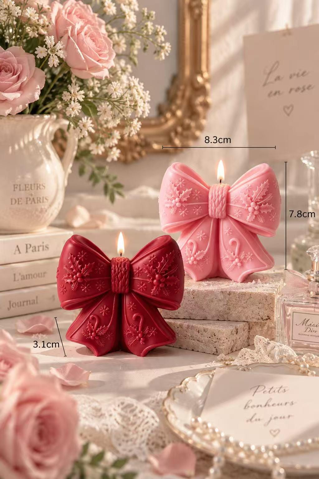 Close-up view of the christmas bow candle.