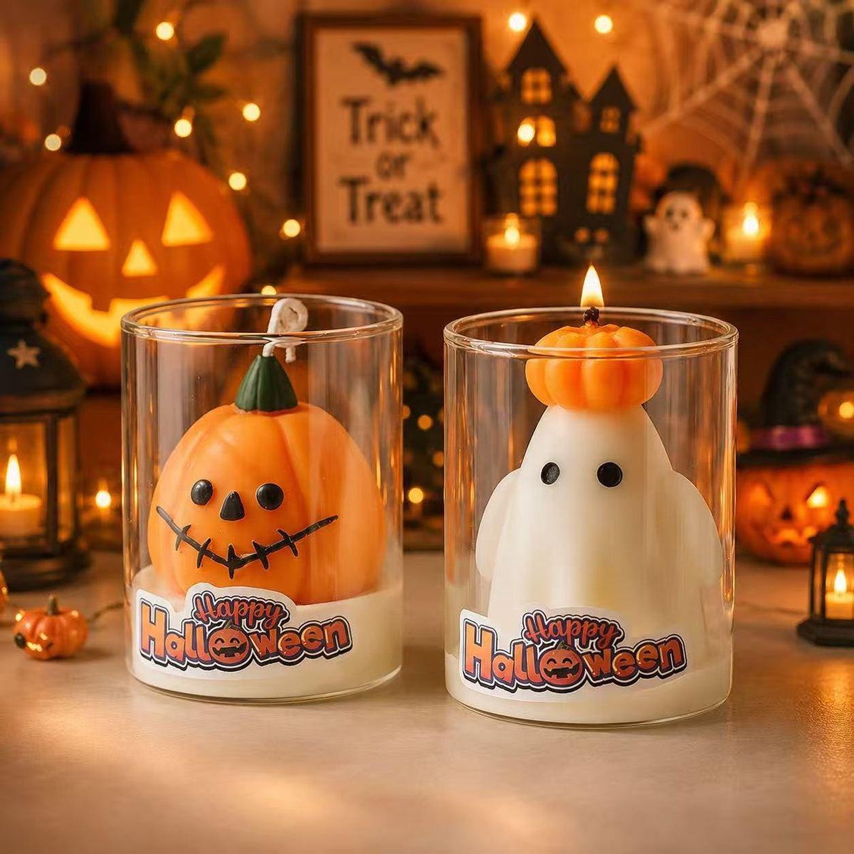Close-up view of the cute halloween candle set.