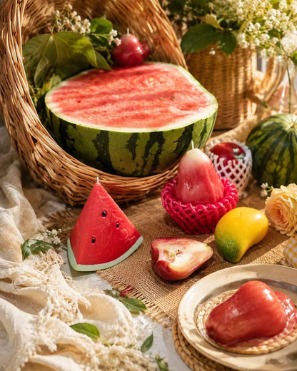 Additional product view of the red & yellow watermelon candles.