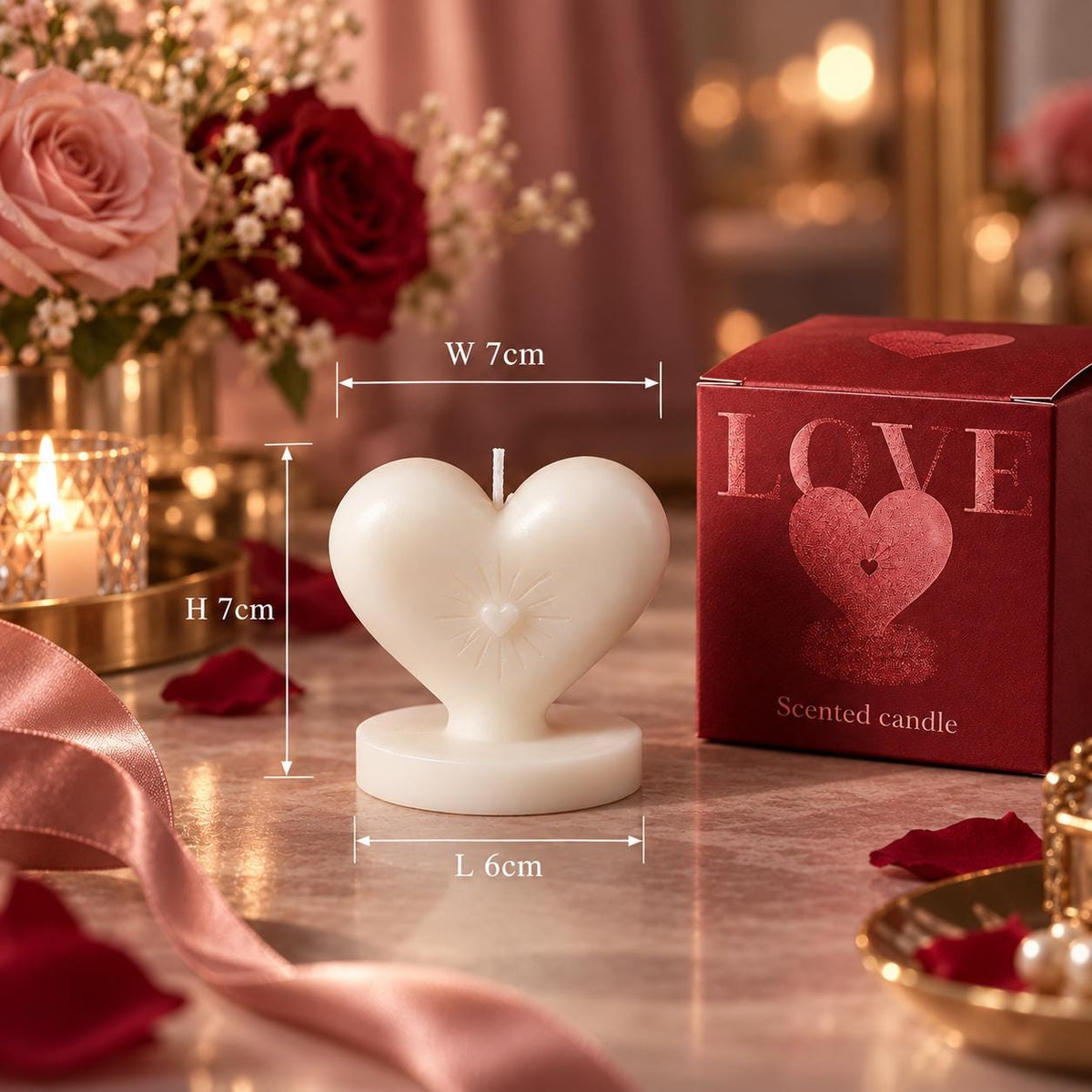 Close-up view of the heart-shaped candle.