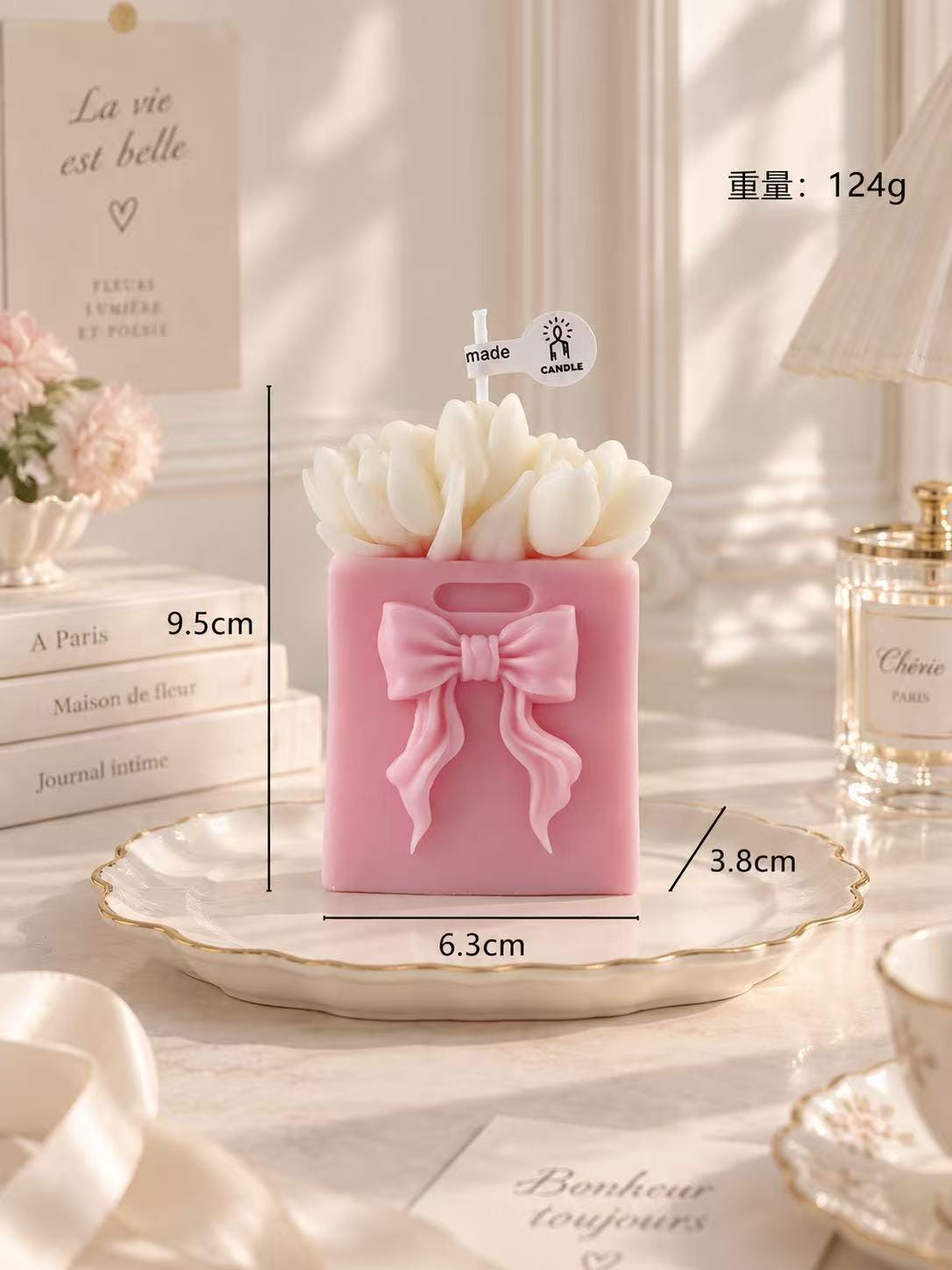 Coquette Bow Candle, Tulip Bouquet Candle, Coquette Candle, Pink Bow Candle, White Bow Candle, Floral Candle, Girly Room Decor, Gift for Her