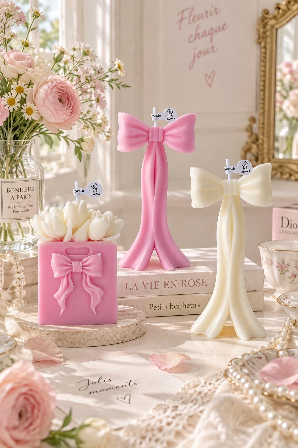 Coquette Bow Candle, Tulip Bouquet Candle, Coquette Candle, Pink Bow Candle, White Bow Candle, Floral Candle, Girly Room Decor, Gift for Her