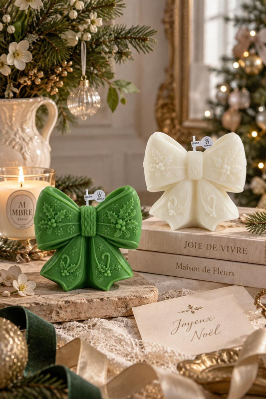 Handmade Christmas Bow Candle,Coquette Christmas Candle,Holiday Ribbon Candle,Embossed Candle,Christmas Decor,Stocking Stuffer, Gift for Her