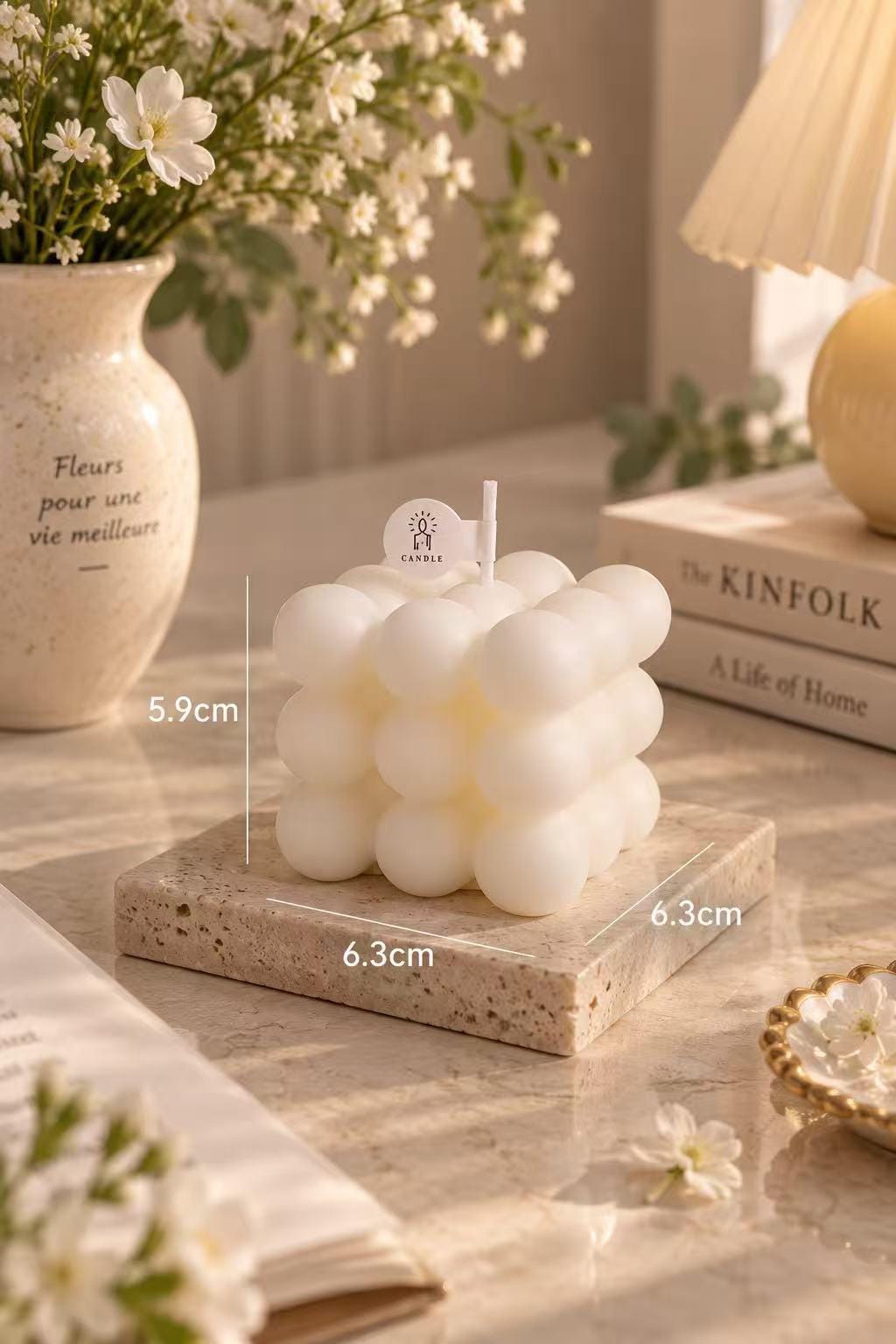 Closer view of the bubble cube & heart candle.
