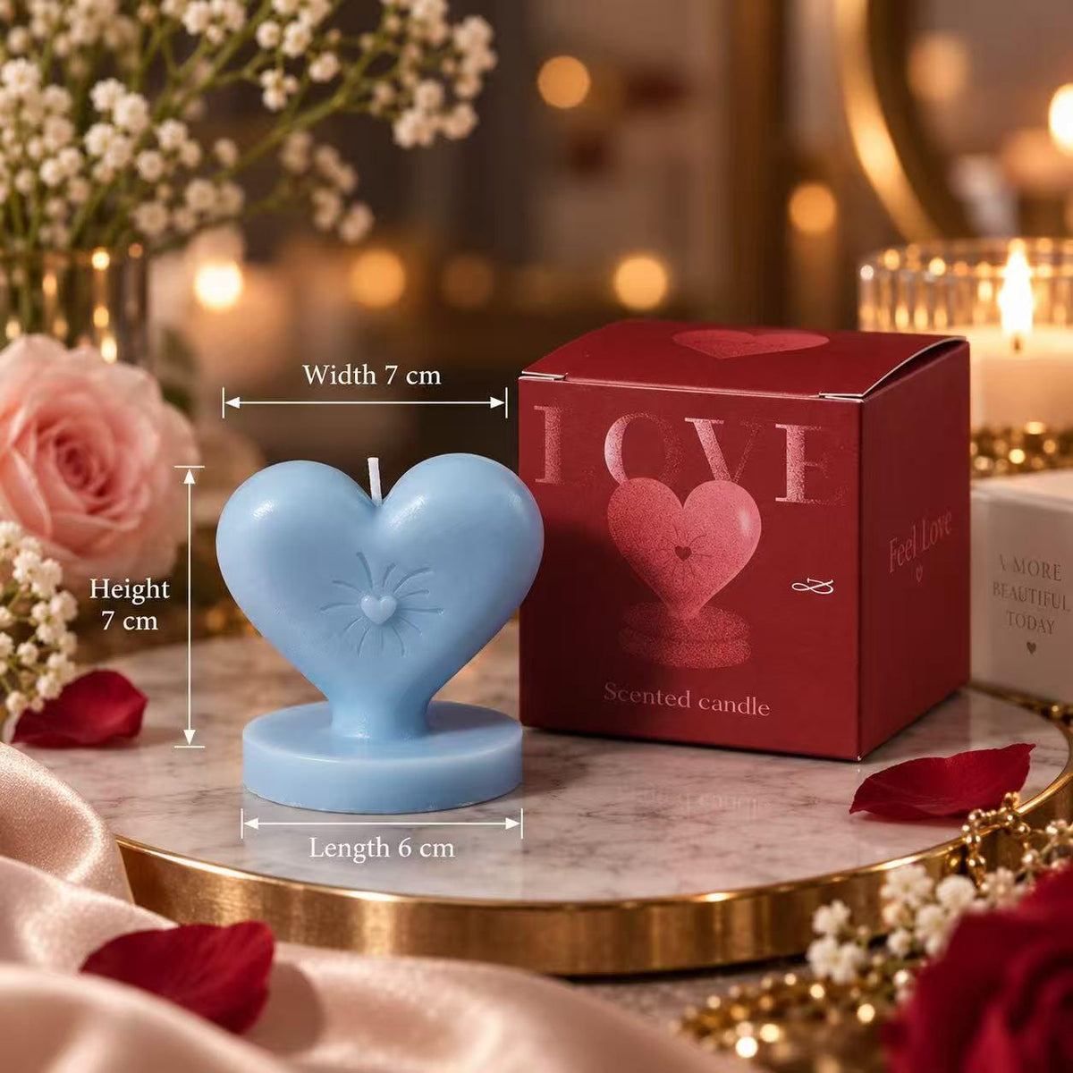 Detail view of the heart-shaped candle.
